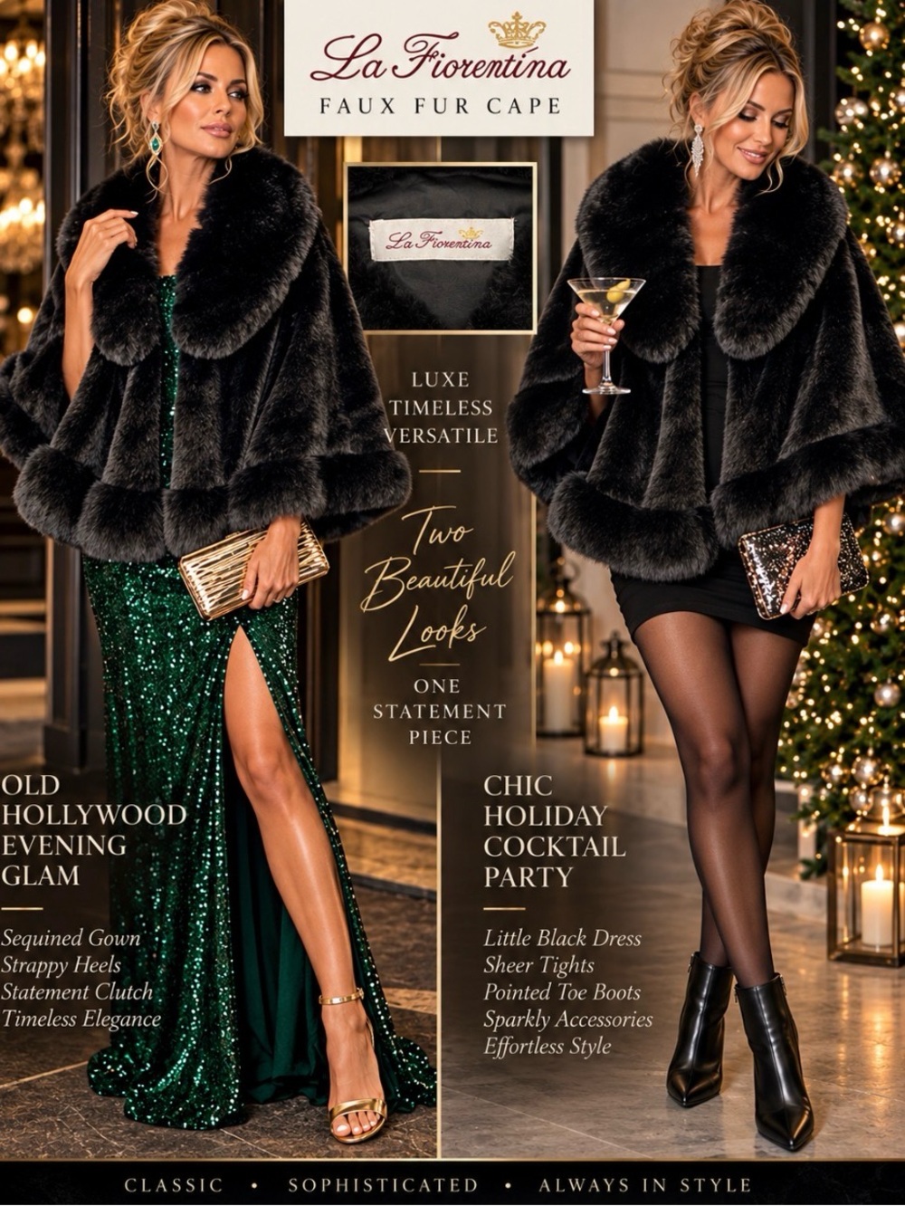 La Fiorentina Luxury Black Faux Fur Cape Plush Collar Poncho with 3 hooks OS